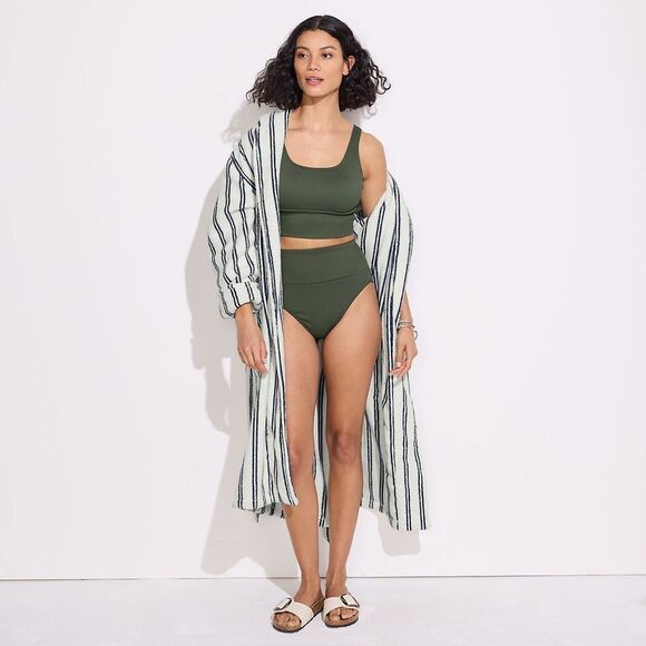 Land's End Swimsuit Tankini top soft cup rich olive green ottoman ribbed Var - Picture 9 of 9